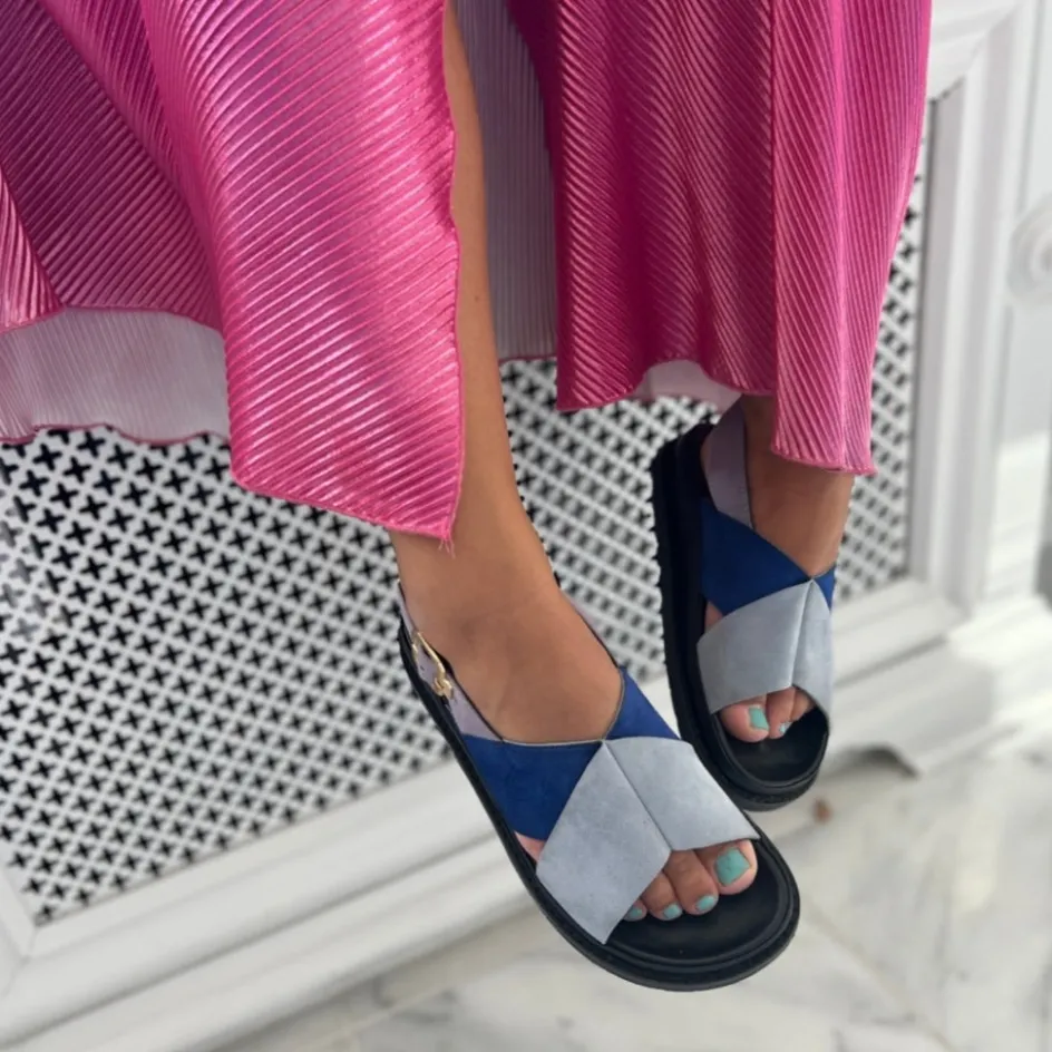 Copenhagen Shoes Flade Sandaler*NEW STRONGER 23 - SUEDE - BLUE/LAVENDER Newstronger 23 suede sandal blue lavender