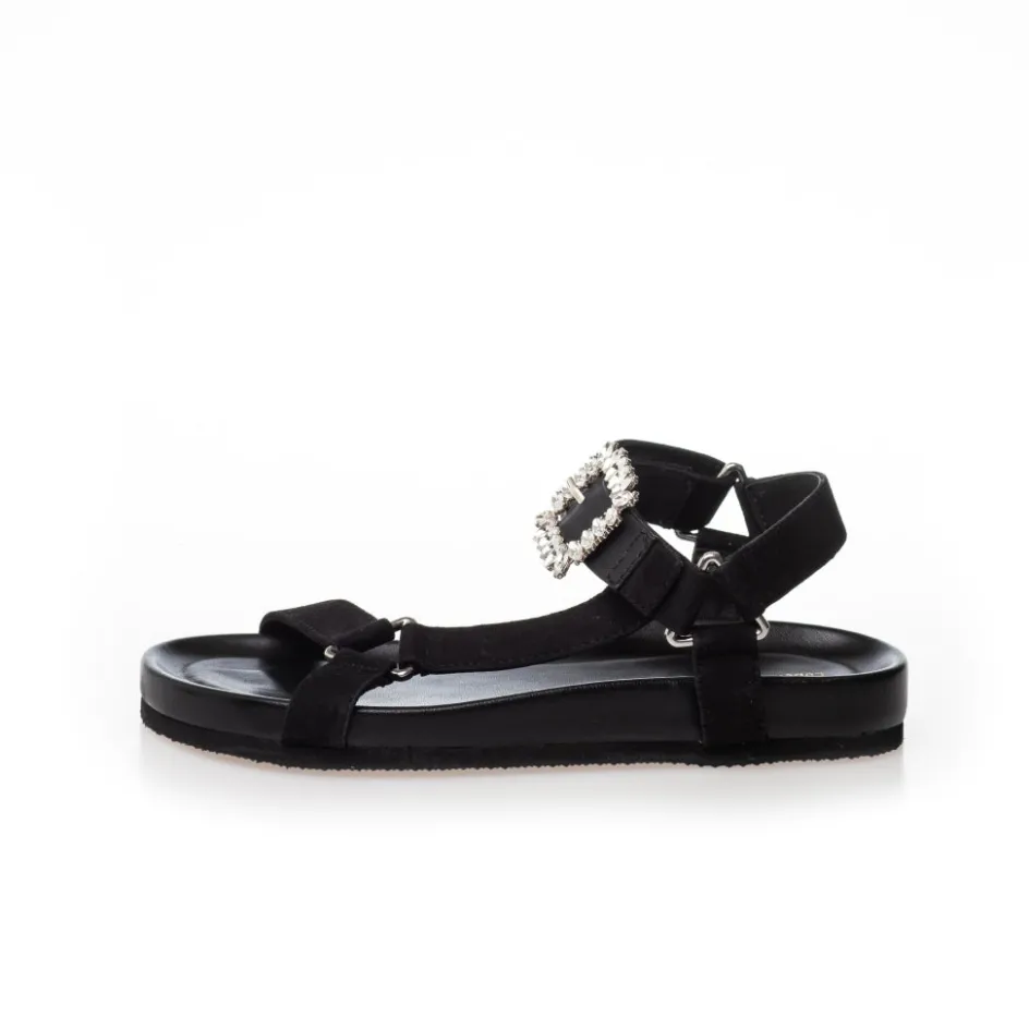 Copenhagen Shoes Flade Sandaler*SIMILI AND DIAMONDS SUEDE - BLACK Similiand diamonds suede sandal black